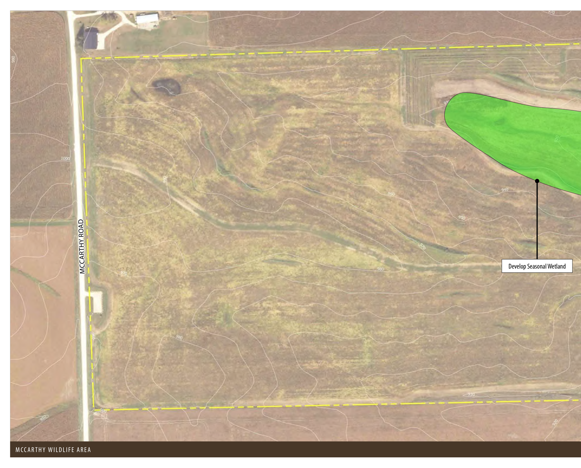 The map illustrates the McCarthy Wildlife Area with detailed topographical contours indicating land elevation and layout. McCarthy Road runs along one edge, marked by a yellow dashed line, and the designated 'Develop Seasonal Wetland' area is highlighted in green with an annotation pointing to its location. The layout helps to understand spatial relationships within the wildlife area, including access routes and notable geographic features.