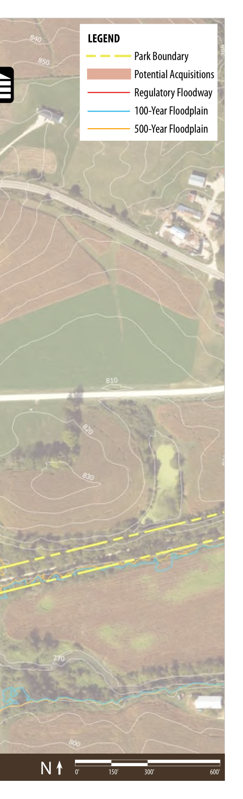 The map provides a layout of the park area, indicating the boundaries of the park, potential land acquisitions, areas at risk for flooding, and contour lines that depict the topography. The yellow dashed line represents the regulatory floodway, while the blue lines indicate 100-year and 500-year floodplain areas. A directional compass is located at the bottom, showing north towards the top of the image.