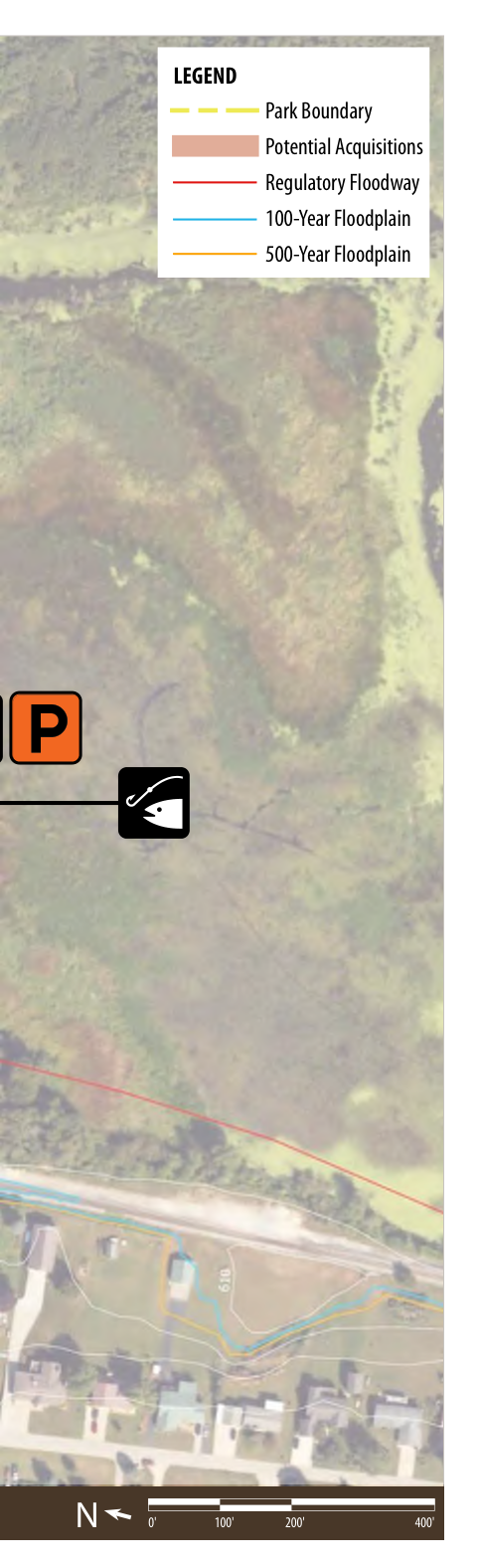 The map depicts a geographical area with defined park boundaries, locations for potential acquisitions, and markings for various floodplain zones including the 100-Year and 500-Year floodplains. The legend describes the meaning of different line styles and colors. A north arrow and scale bar indicate directional orientation and the measurement scale.