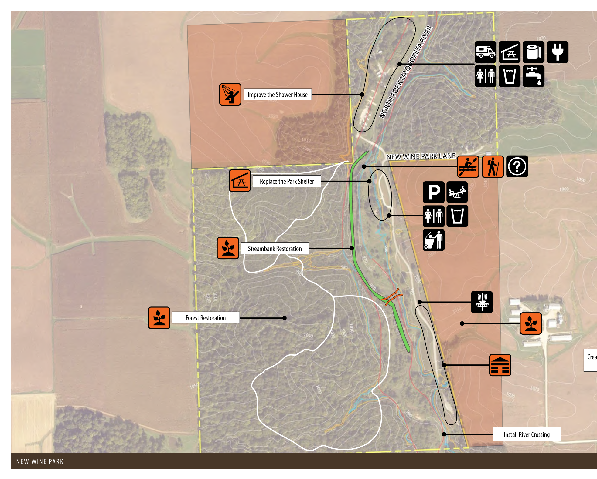 The map details New Wine Park, marking specific areas designated for improvements like the shower house and park shelter replacement. It also indicates restoration efforts for the streambank, forest, and the planned installation of a river crossing. Paths and parking areas for visitors are highlighted, with relevant icons for facilities like restrooms and waste disposal, enhancing the spatial understanding of the park layout.