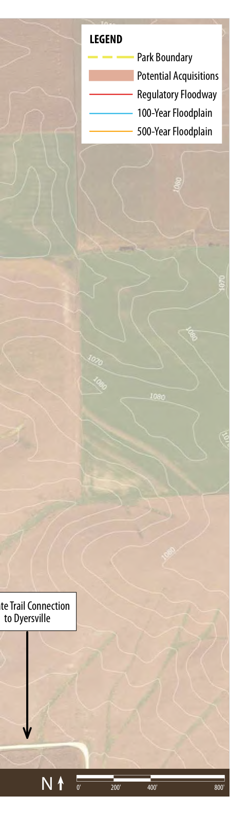 The map outlines the park's spatial layout, highlighting the park boundary, areas designated for potential acquisitions, and floodplain delineations for the 100-year and 500-year floodplains. A legend indicates the meaning of the colors used for different features, while directional indicators help understand orientation, with a connection marked for a private trail leading to Dyersville.