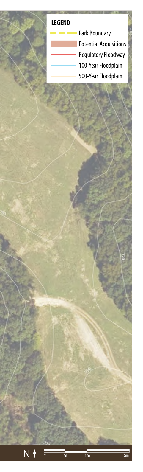 The image depicts a park area with identified boundaries and floodplain designations. It includes a legend that explains the lines representing the Park Boundary, Potential Acquisitions, Regulatory Floodway, 100-Year Floodplain, and 500-Year Floodplain, aiding interpretation of the layout. The North direction and a scale are also indicated for orientation.