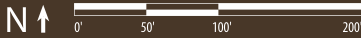 The image displays a scale bar frequently used in maps to represent distance, with markings at 0, 50, 100, and 200 feet. A north arrow is also present, indicating the direction of north, essential for navigation and orientation on maps.