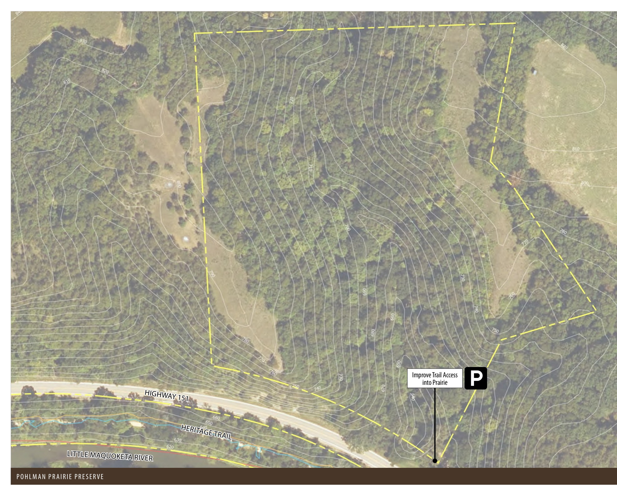 The map illustrates the Pohlman Prairie Preserve, featuring elevation contours that denote terrain changes, marked trails such as Heritage Trail, and specific access points including improvements for trail access into the prairie. The map outlines important geographical features and routes, aiding in navigation and understanding of the area.