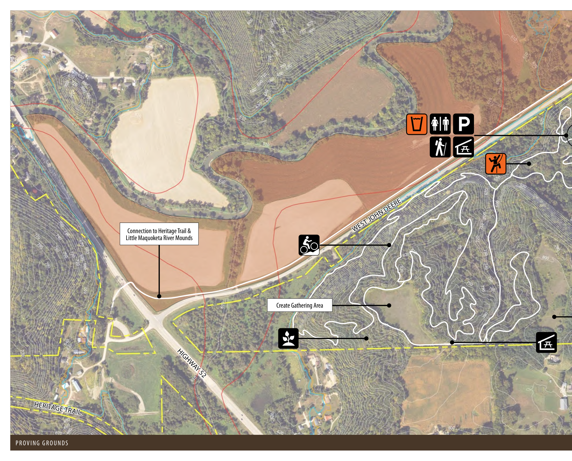 This map illustrates the area surrounding Highway 53 and West John Deere, highlighting the connection to the Heritage Trail and Little Maquoketa River Mounds. Key points include the locations for restrooms, parking, and gathering areas, with marked trails and roads indicating routes for walking and biking. Landmark features and landmarks are visually represented with annotated point markers providing additional context.