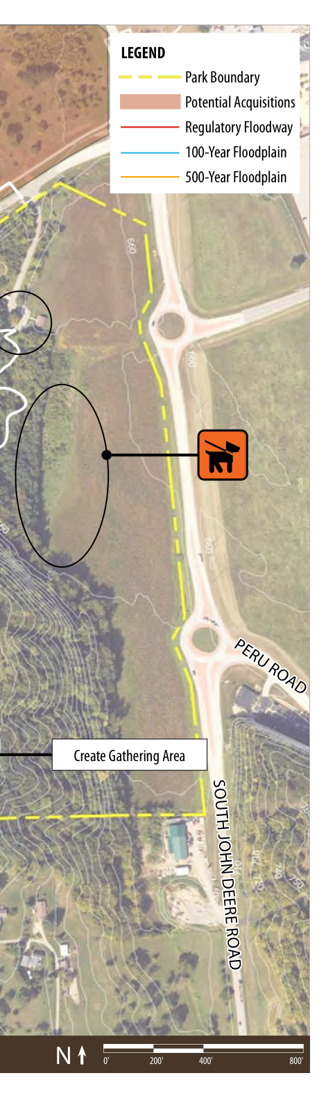 The map details the park boundaries indicated by a yellow dashed line, potential acquisition areas, and various floodplain zones (100-Year and 500-Year) with different line styles. It also shows a proposed gathering area marked next to the designated paths along Peru Road and South John Deere Road.