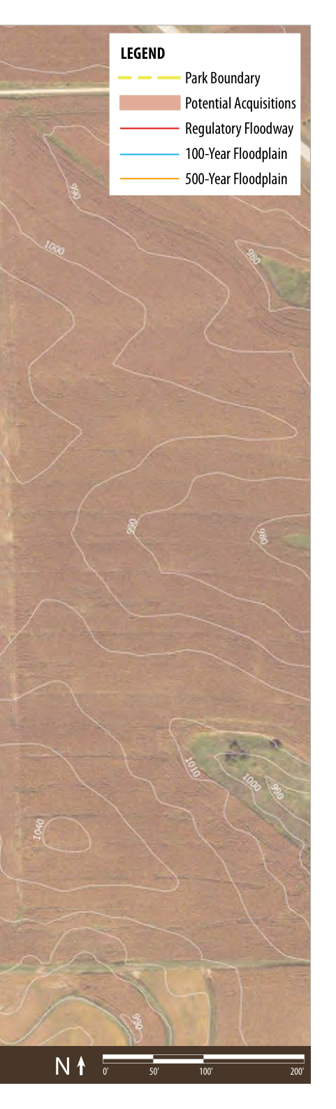 The map illustrates the layout of a park area, highlighting the park boundary, regulatory floodway, and various floodplain areas, specifically the 100-year and 500-year floodplains. These features are delineated with contour lines and clearly marked within the legend, which identifies each element and its meaning. The north direction is indicated, along with scale markers for distance.
