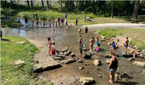The image depicts a sunny scene at a shallow stream where several children are playing. Some are wading in the water, while others stand on rocks. In the background, a line of children can be seen standing with their feet in the water, and greenery surrounds the area, adding a natural backdrop to the playful scene.