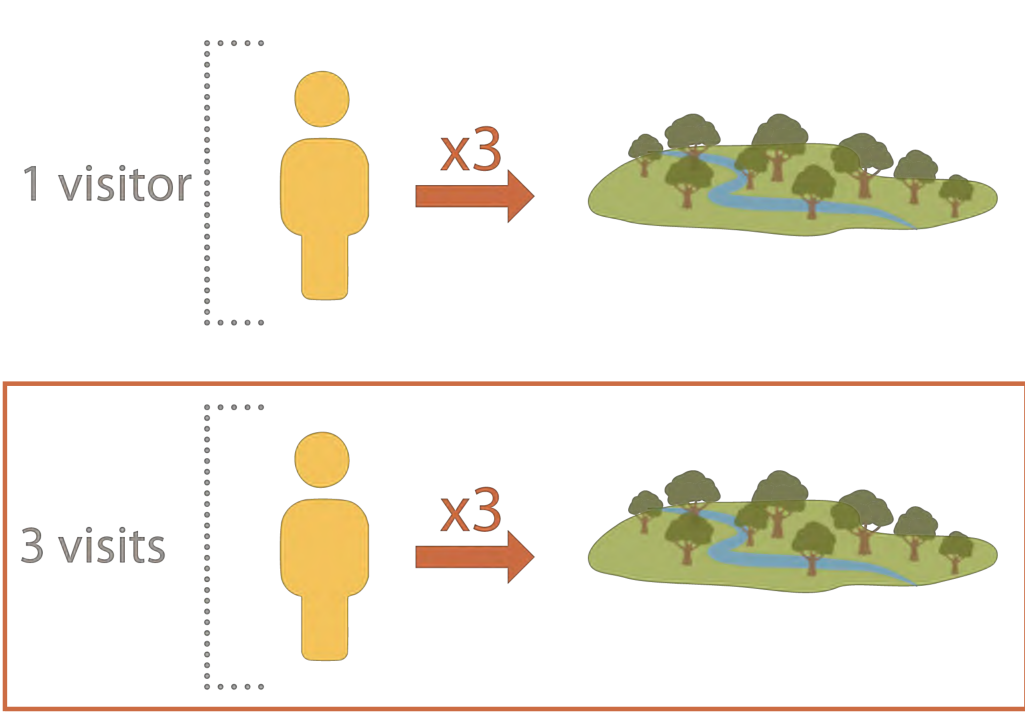 The top section shows a single visitor represented by an icon with three trees in a landscaped area, indicating minimal impact or growth. The bottom half depicts three visits, represented similarly but with more trees and denser vegetation, suggesting greater ecological influence. The visual conveys a comparison of visitor impact on natural landscapes over time.