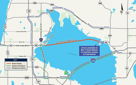 Map showing road closures and detours near Courtney Campbell Causeway.